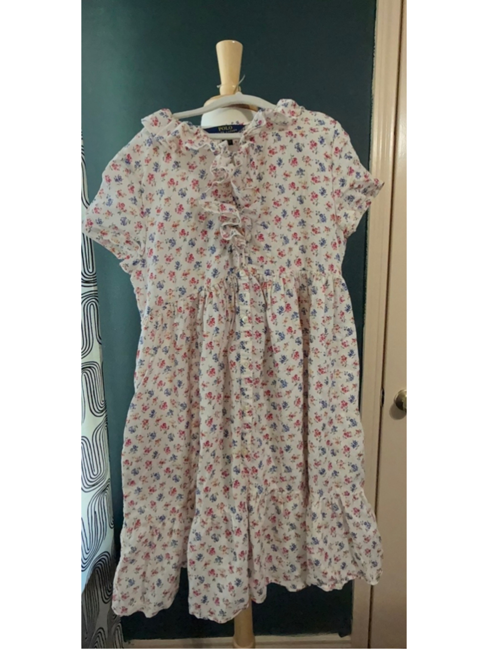 Girls Polo Ralph Lauren Floral Ruffle Dress Size 16 White Red Blue